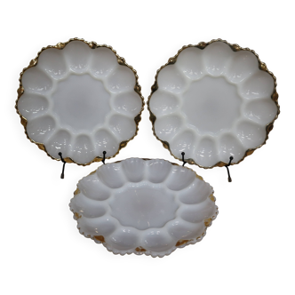 3 vintage plates for deviled eggs / oysters in white glass and gold