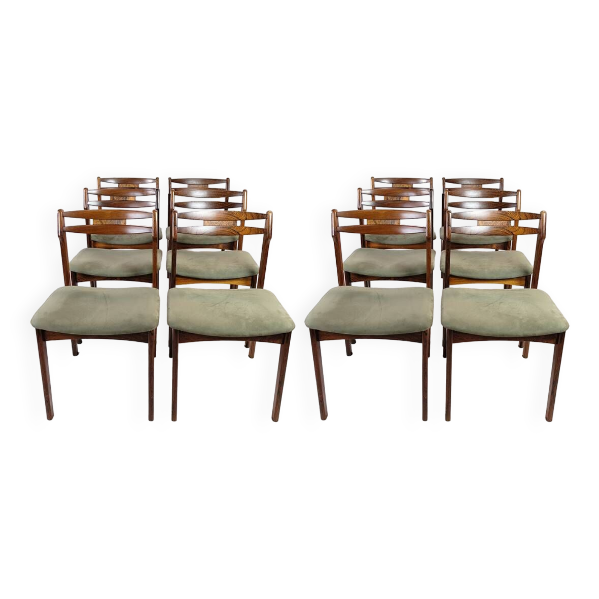 Set Of 12 Dining Chairs Made In Rosewood And Green Fabric