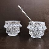 Glass salt and pepper shaker set with vintage serving spoon