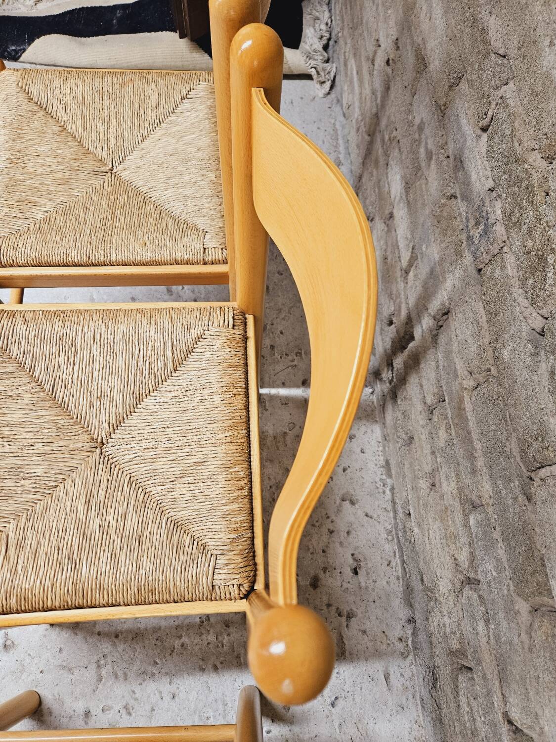 Set of 4 vintage pine and rush chairs