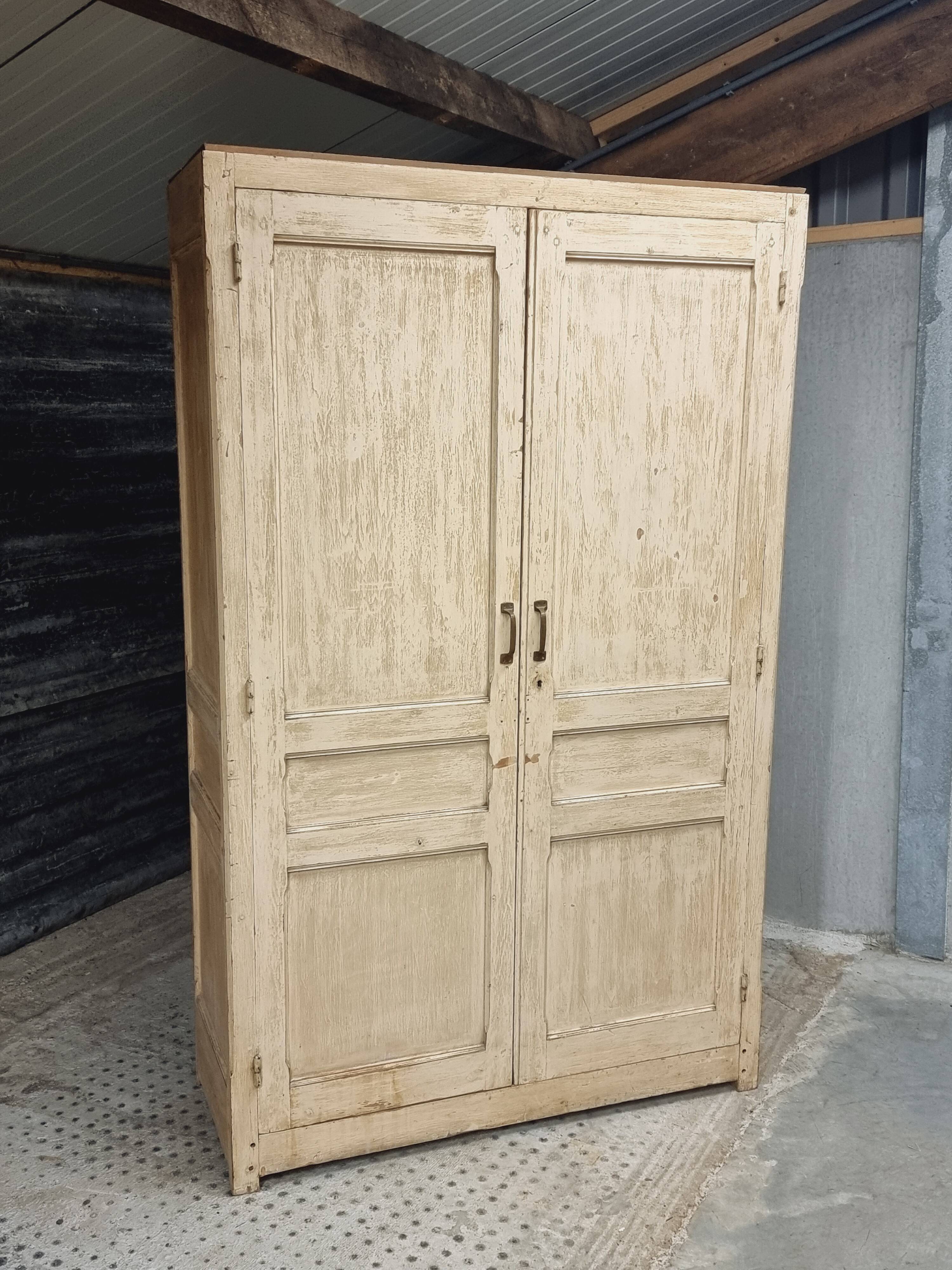Antique wardrobe, kitchen cabinet, pinewood, creamy white