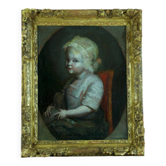 Peinture à l'huile de portrait de bébé noble du XVIIIe siècle dans un cadre en bois doré