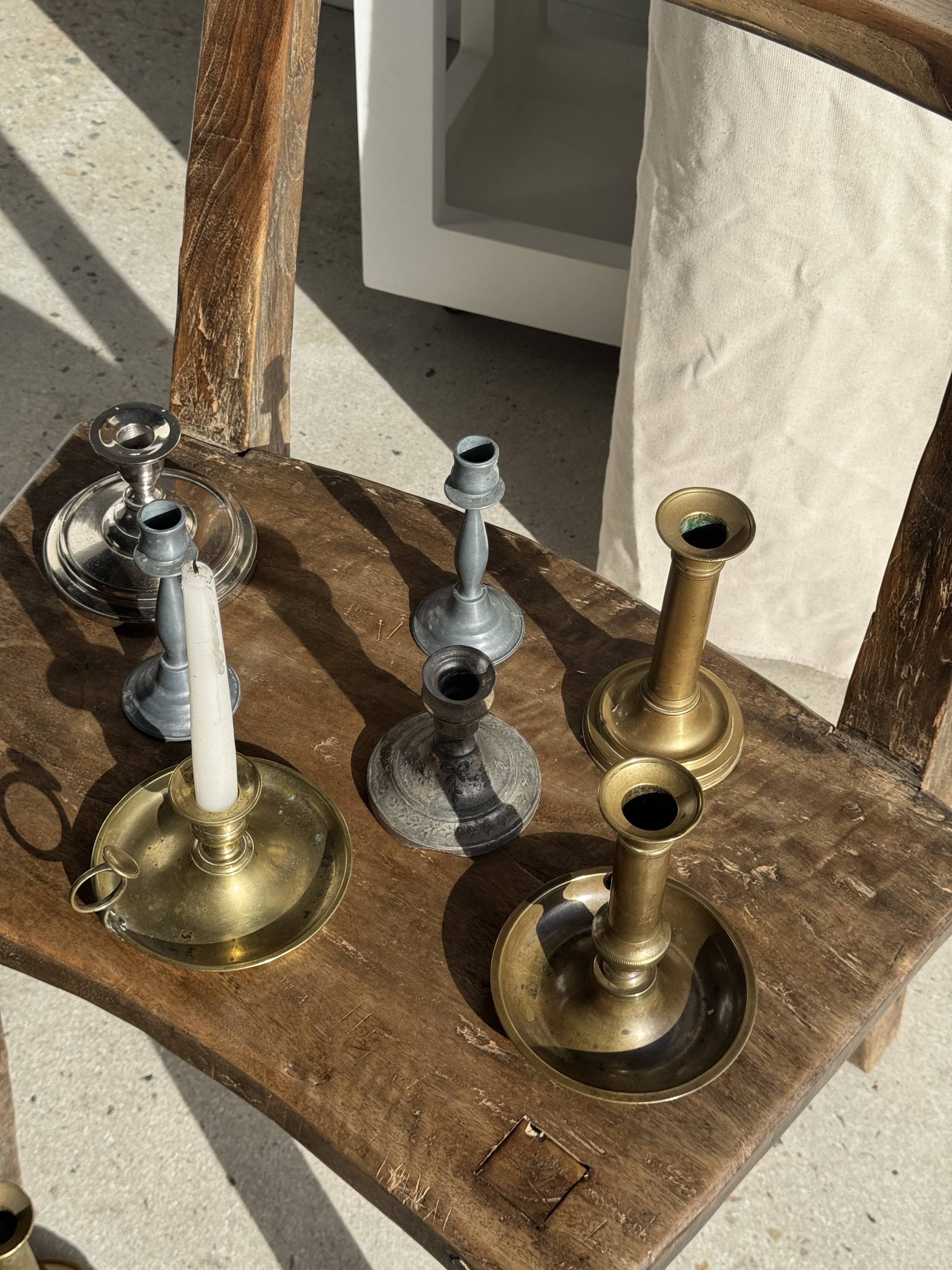 Small antique candle holder engraved in silver-plated metal, in its original condition.