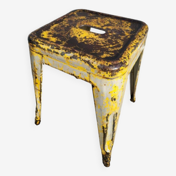 Vintage Tolix low stool with yellow and greige patina