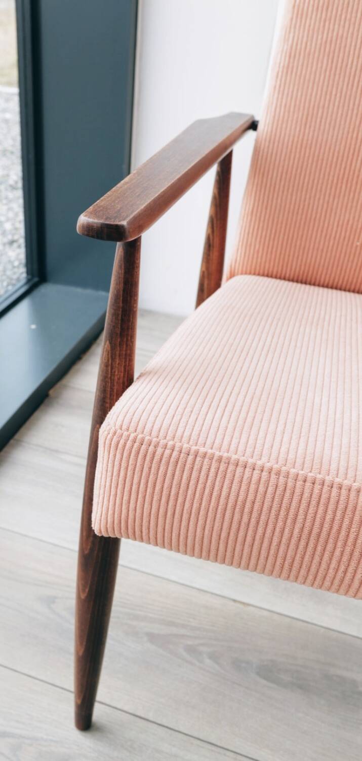 Vintage armchair corduroy flaming pink 1970 design by H.Lis