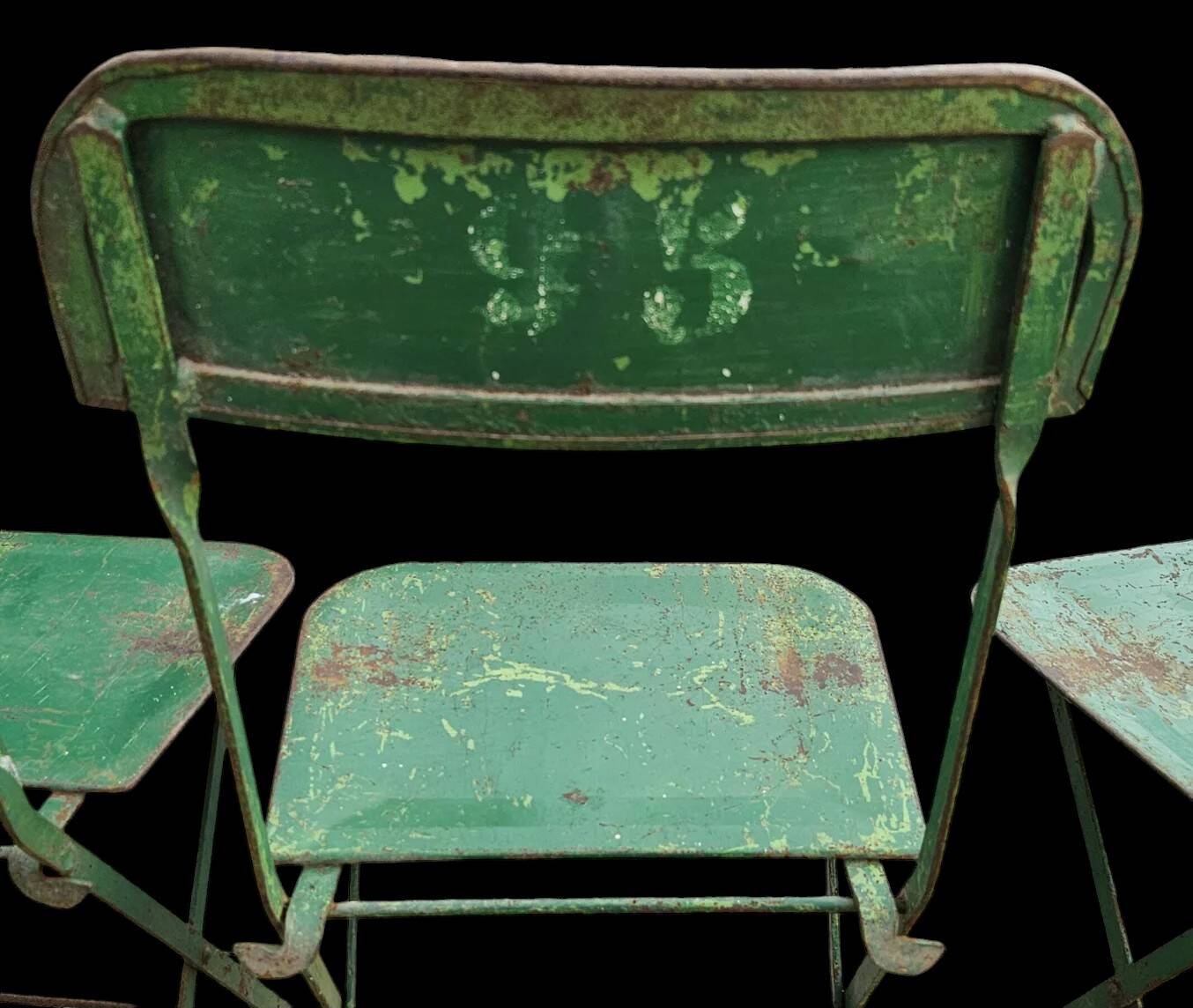 Set of 8 industrial folding chairs in green painted metal