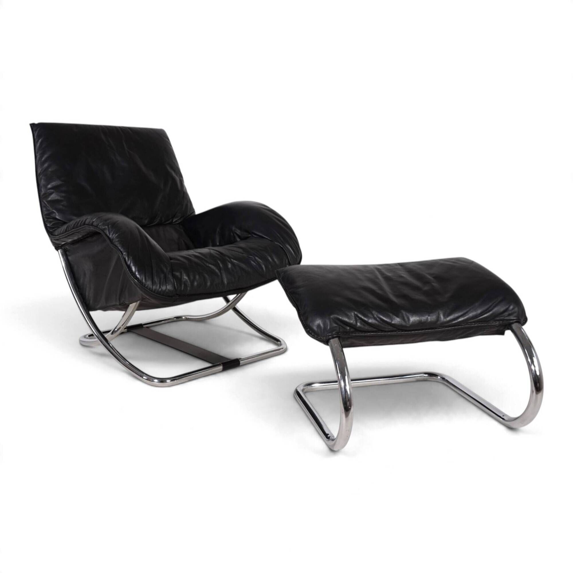 WK Möbel leather lounge chair with ottoman by Robert Haussmann, 1970