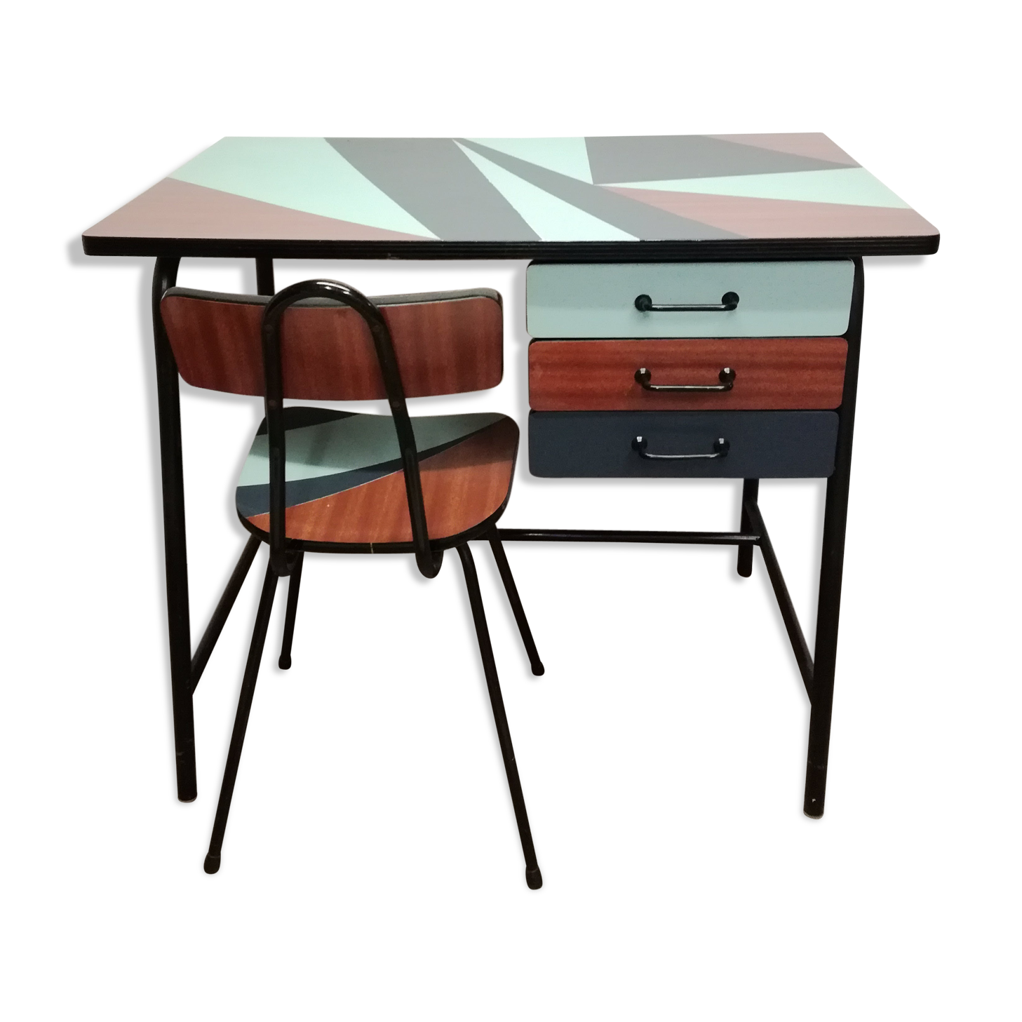 Child's desk and his chair in formica graphic patterns and his chair