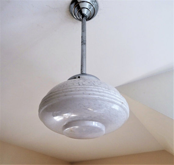 Art Deco french 1930 s in white cloud Clichy glass ceiling lamp