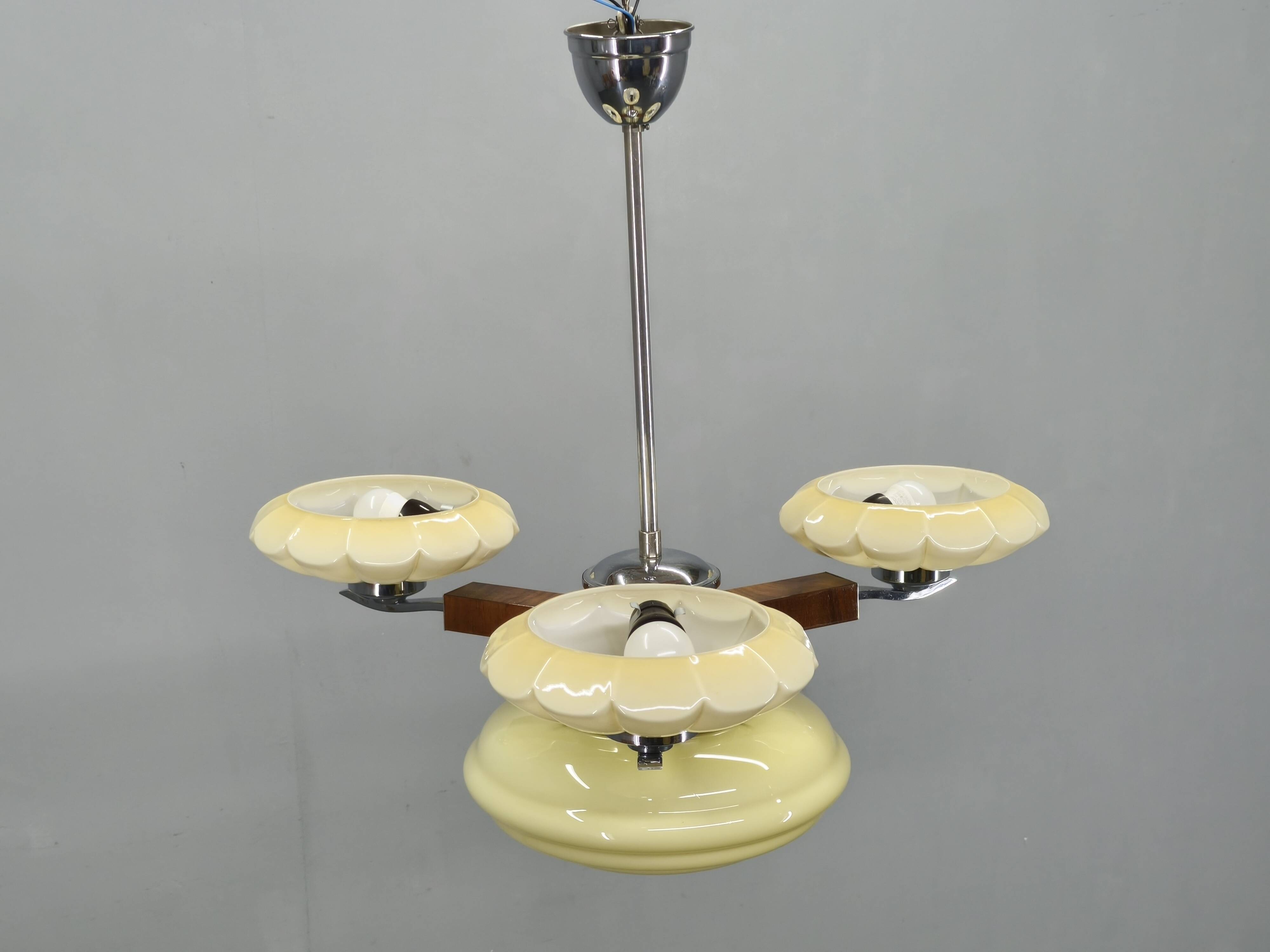 1940s Czechoslovak Art Deco Chandelier in Walnut Chrome and Glass