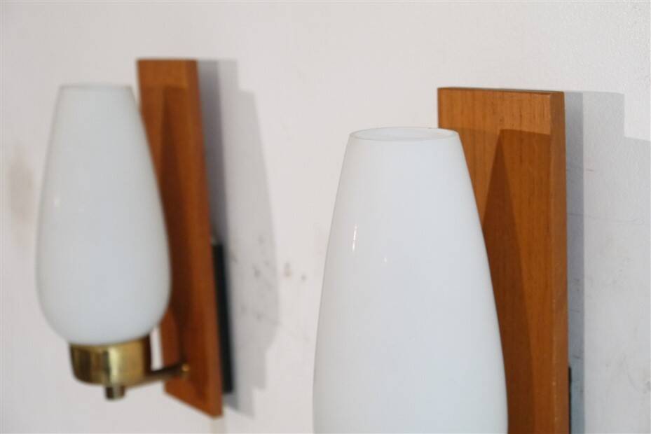Pair of Danish teak and opaline glass wall lights