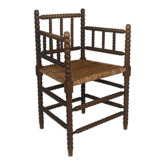 Bobbin wood turned side chair rattan wicker seat, Dutch 1930s - 1950s