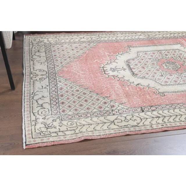 Tapis vintage turc Oushak fait main en laine et coton rose