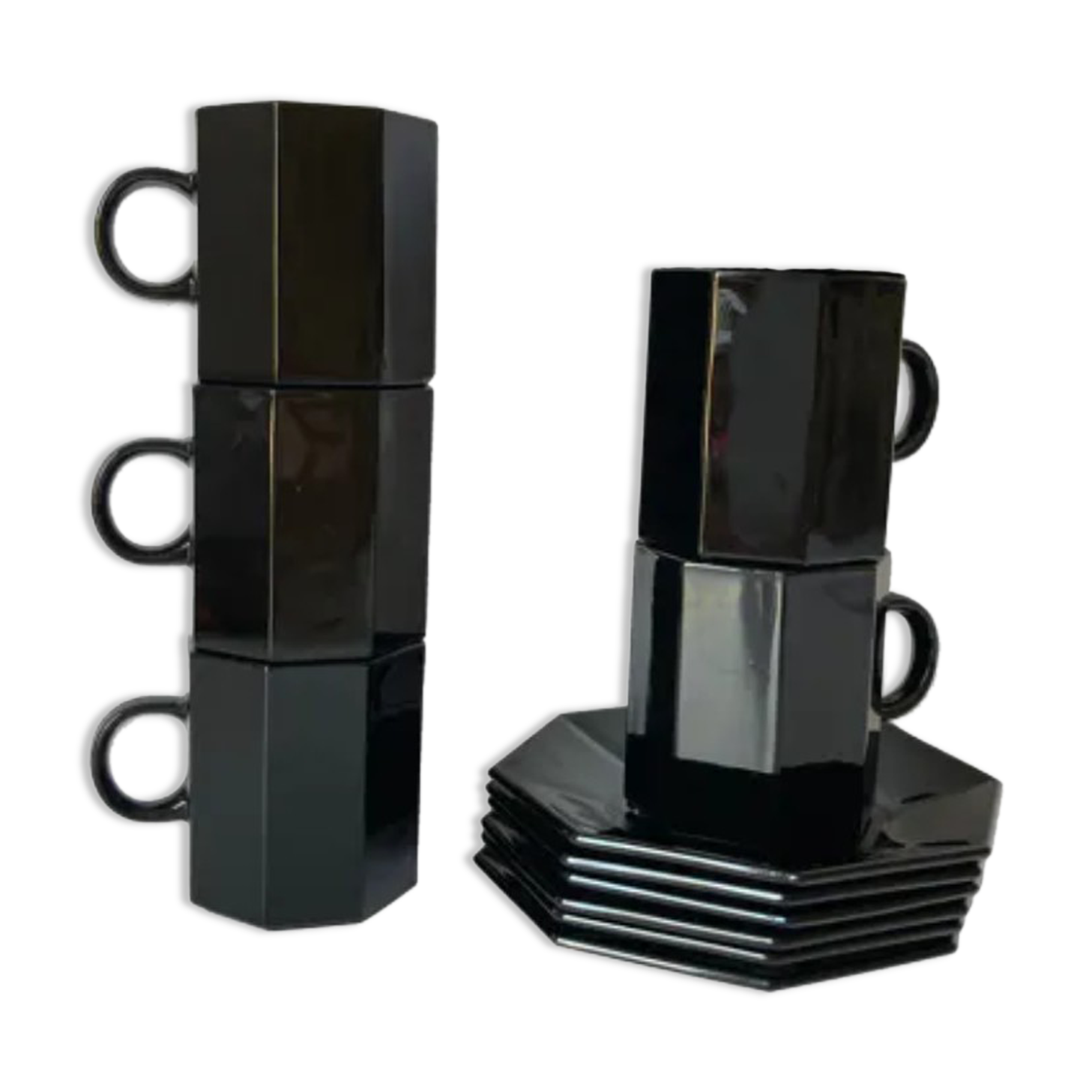 5-cup coffee service - esso arcoroc 80s black saucers - octime collection