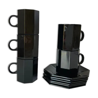 Service à café de 5 tasses & soucoupes noires esso arcoroc 80s - collection octime
