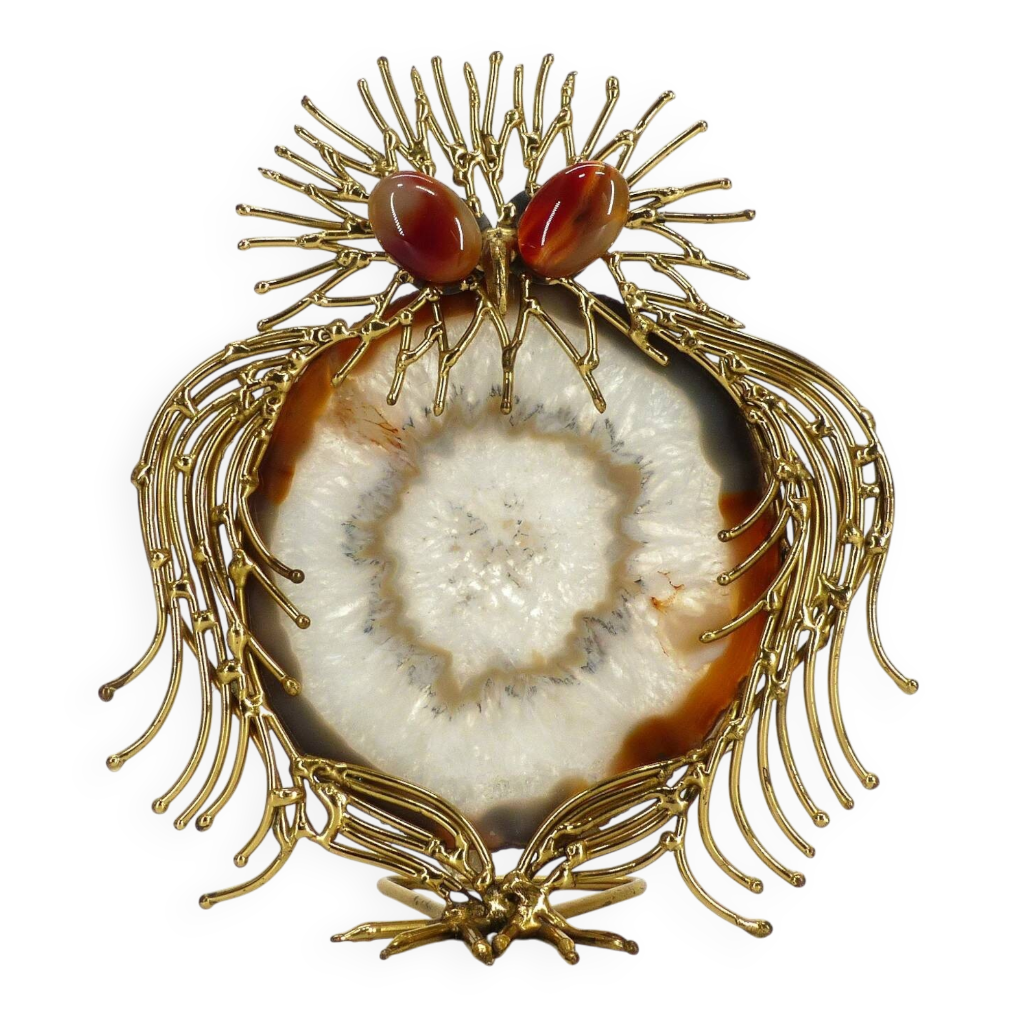 Brutalist owl sculpture in brass and agate 1970