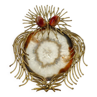 Brutalist owl sculpture in brass and agate 1970