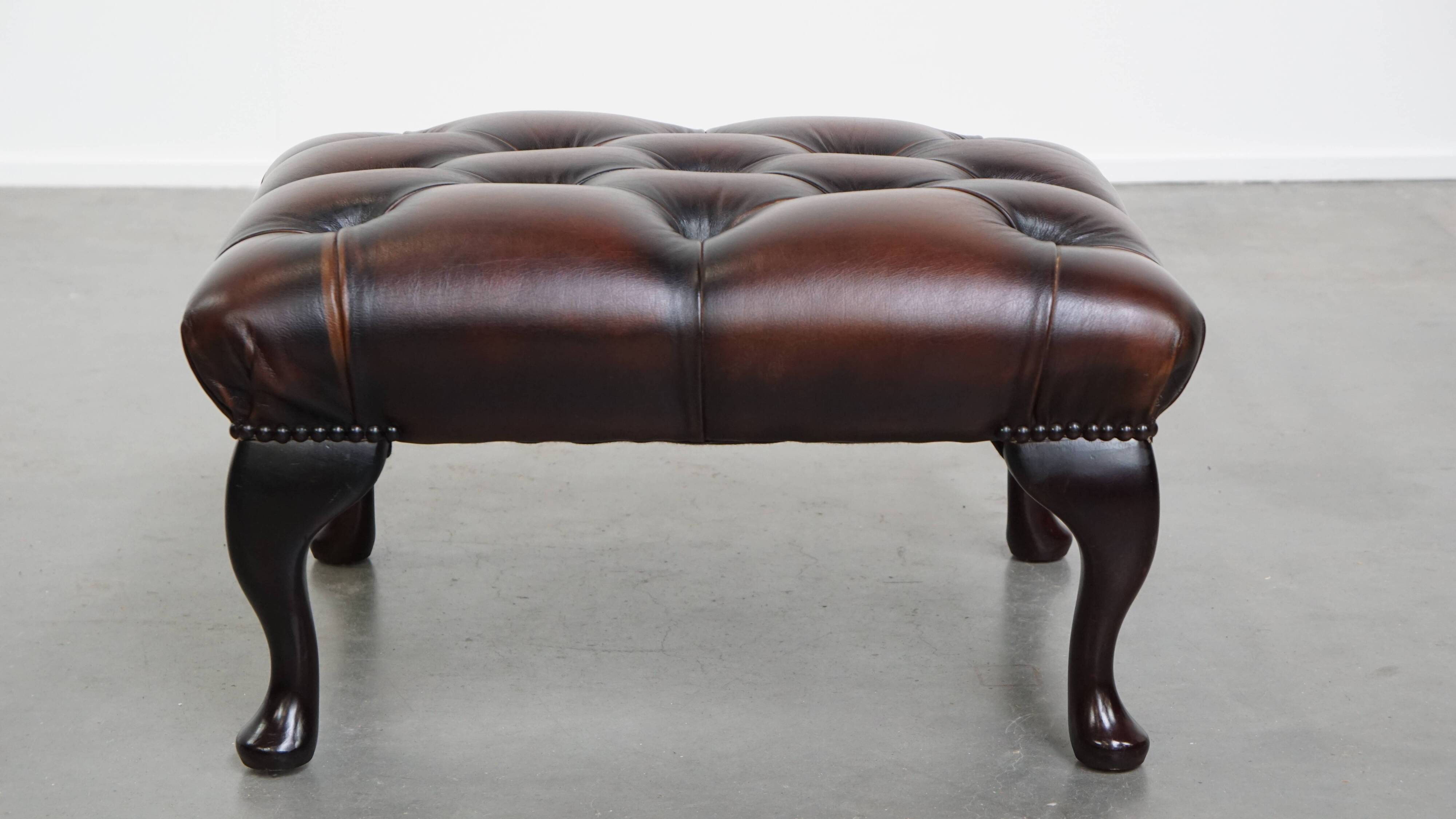 Dark Brown Chesterfield Ottoman Made of Cowhide Leather