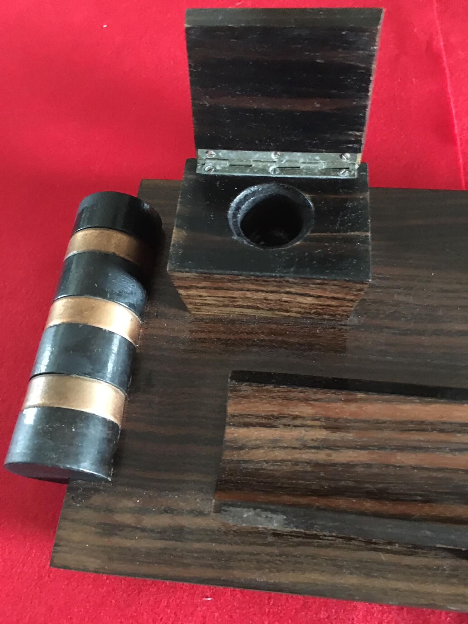 Encrier-écritoire ancien en bois et métal cuivré