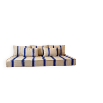Royal blue striped floor cushion – Hanbel in handwoven ivory wool