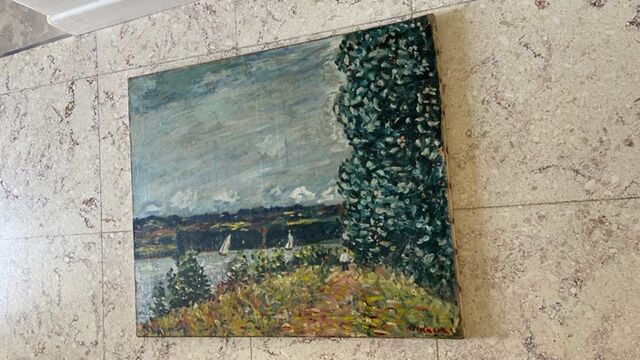 Oil on canvas landscape with 2 boats