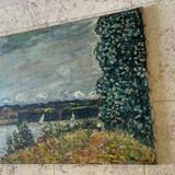 Oil on canvas landscape with 2 boats