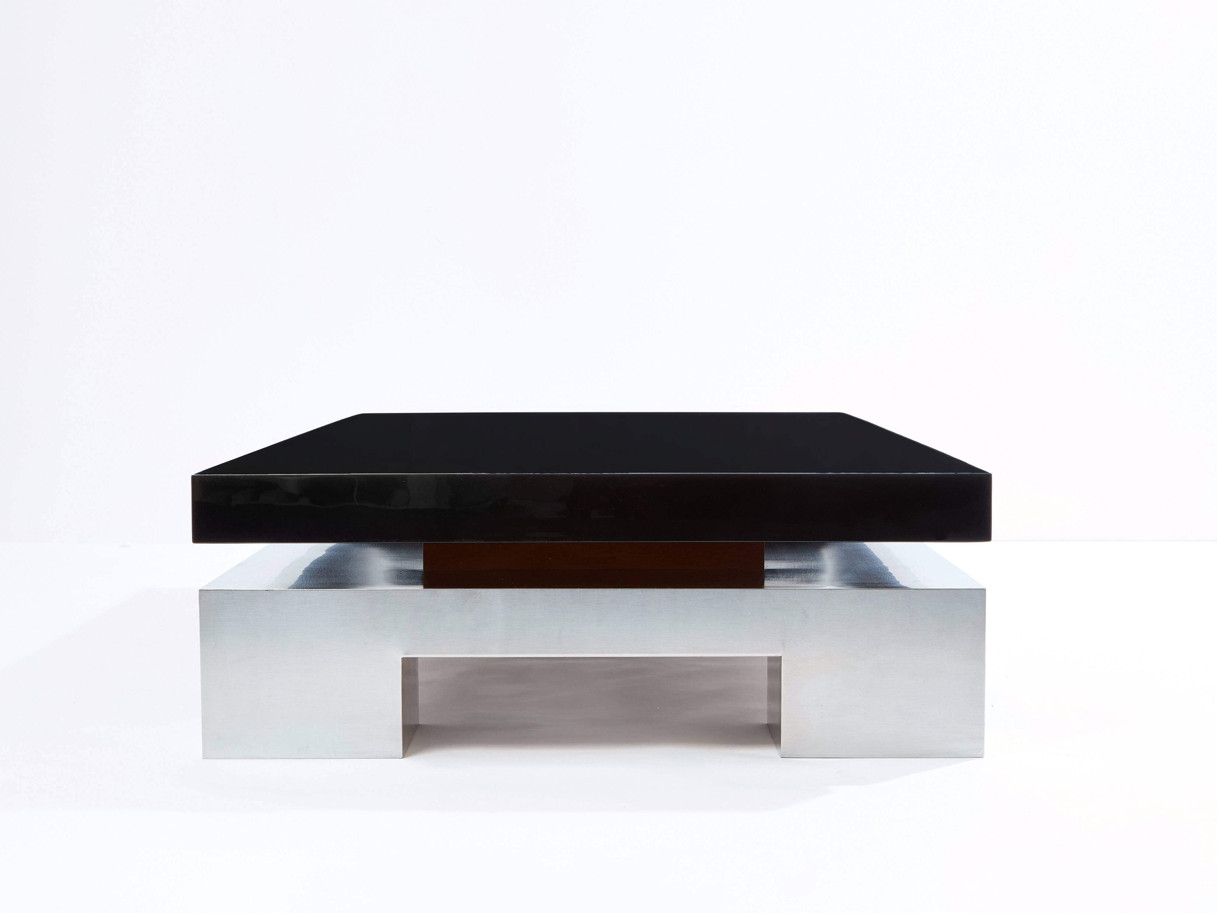 Large black lacquered and steel coffee table Nadine Charteret 1972