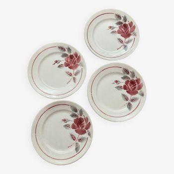 4 assiettes Moulin Des Loups plates motif rose rouge feuilles bleues