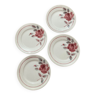 4 Moulin Des Loups flat plates with red rose pattern and blue leaves