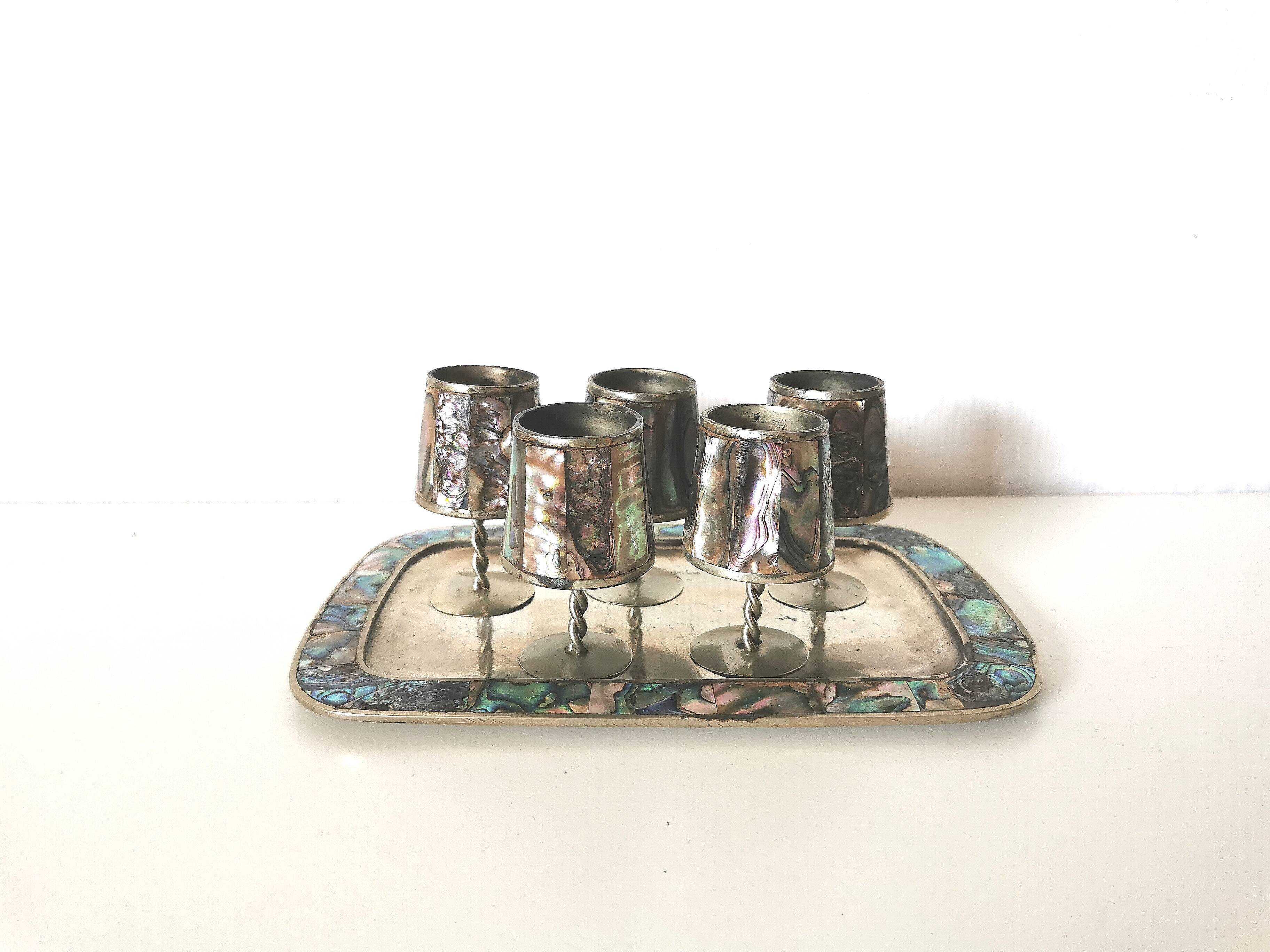 digestive service, glass and tray in silver metal Mexican abalone