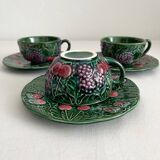 3 earthenware cups and saucers in barbotine fruit decor Salins vintage