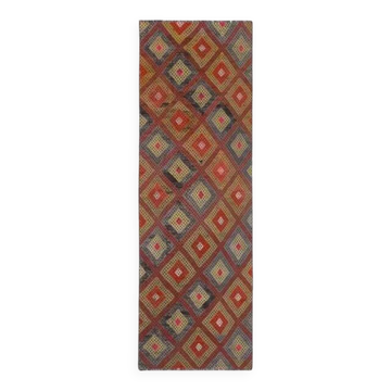 Tapis couloir vintage turc Oushak fait main en laine et coton rouge 70x213 cm des années 1970