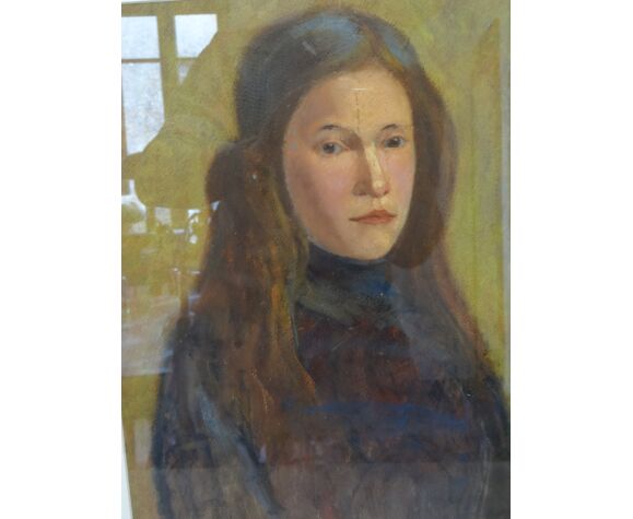 Portrait d'une jeune fille, huile sur carton 44 x 54 cm