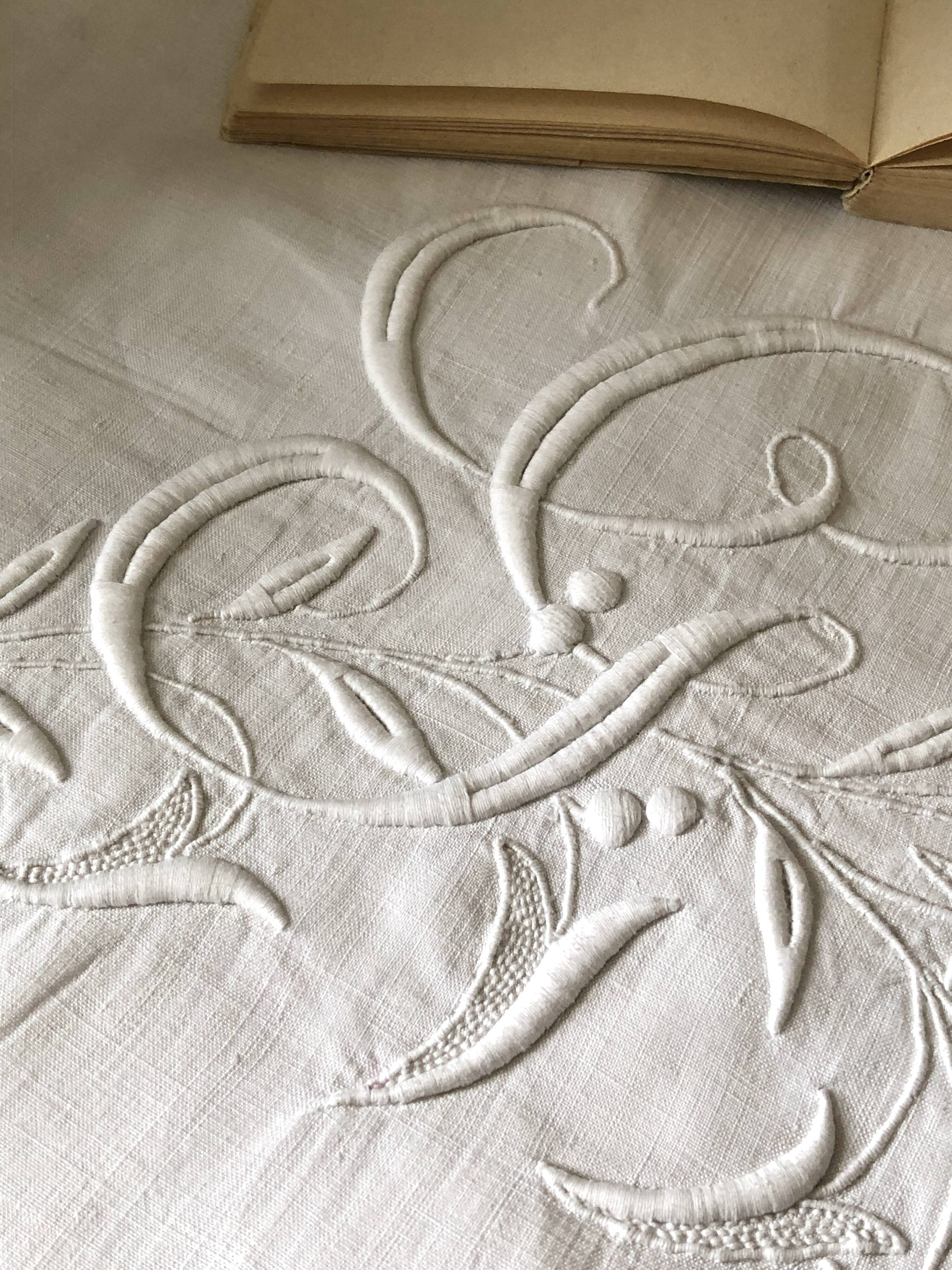 Old pure linen sheet embroidered and monograms