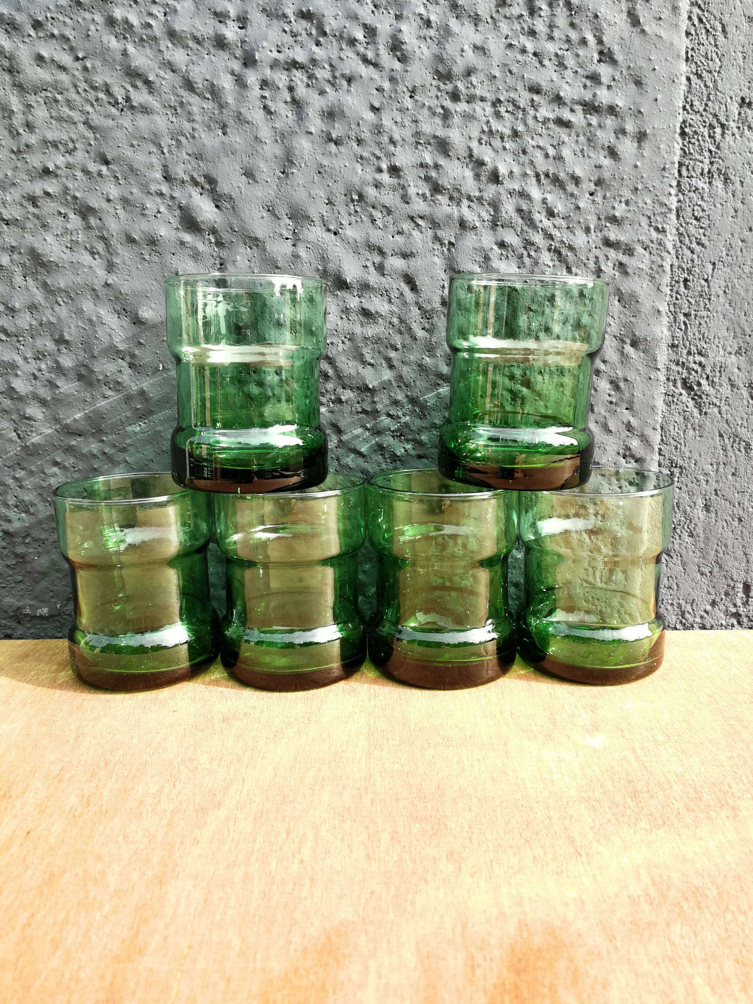 6 green water glasses