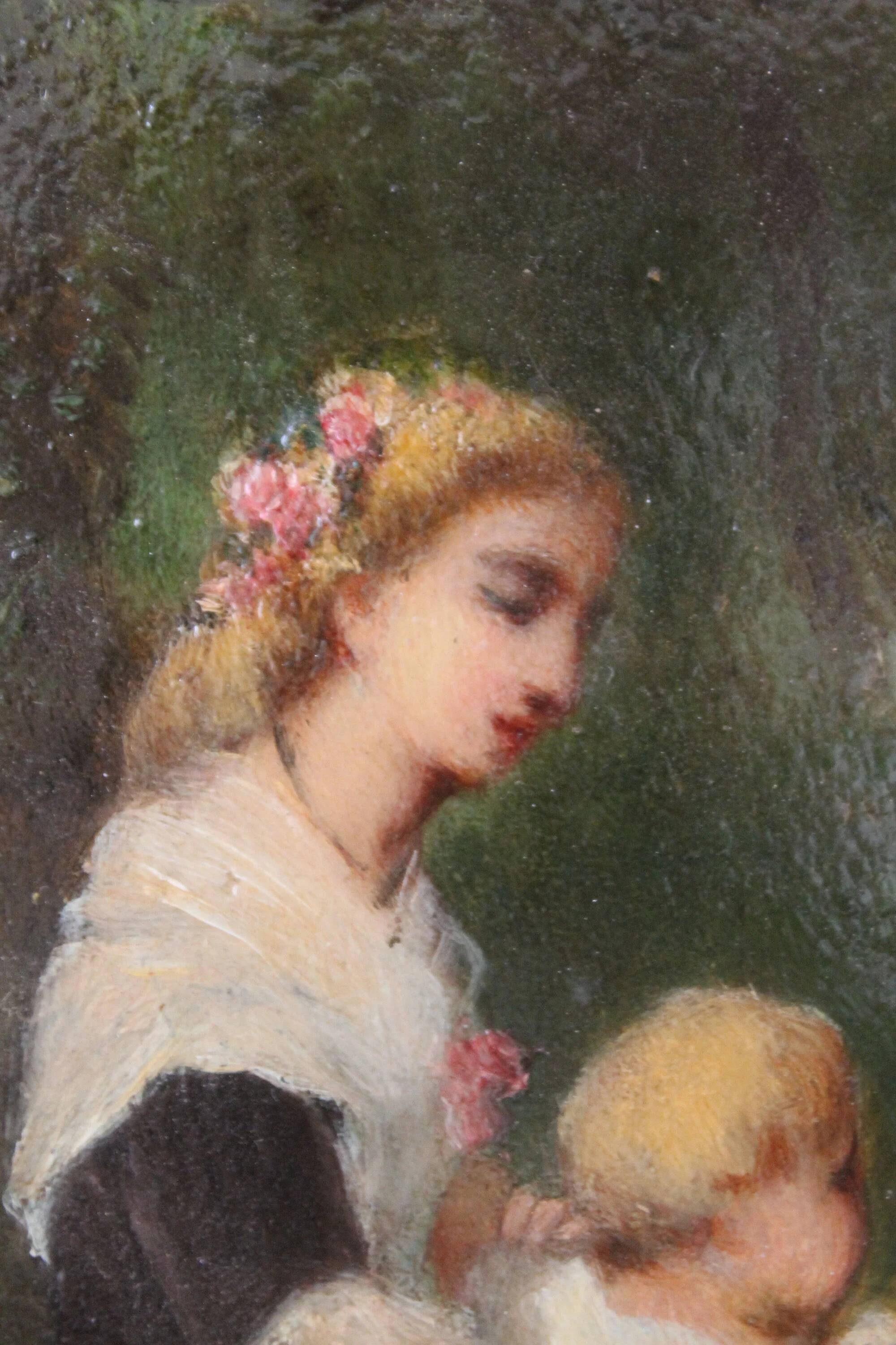 Jean-Baptiste Fouque (1819 - 1880) "Stroll in the Garden" oil on panel