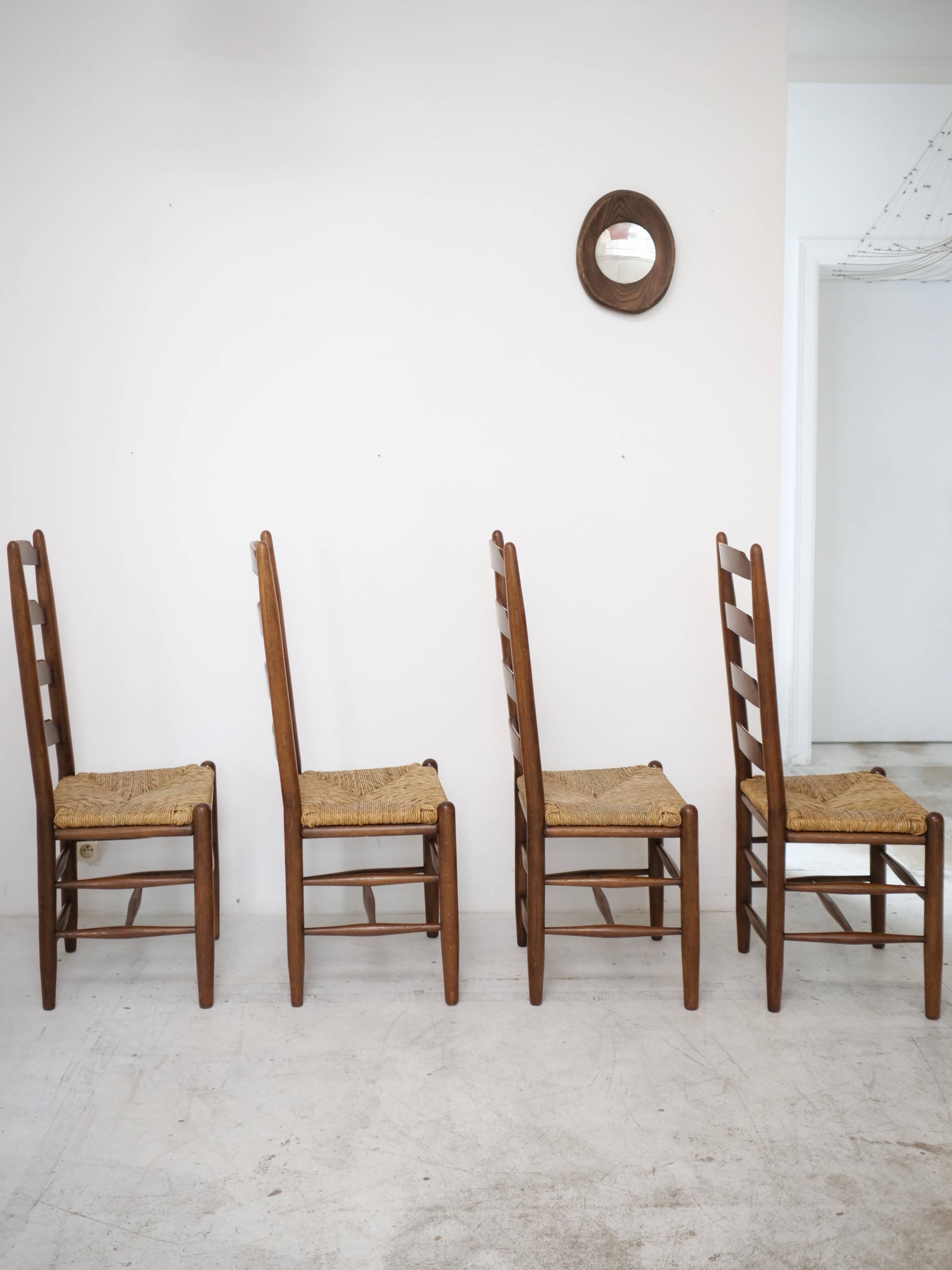 Architectural high-back chairs, straw seat, set of 4.