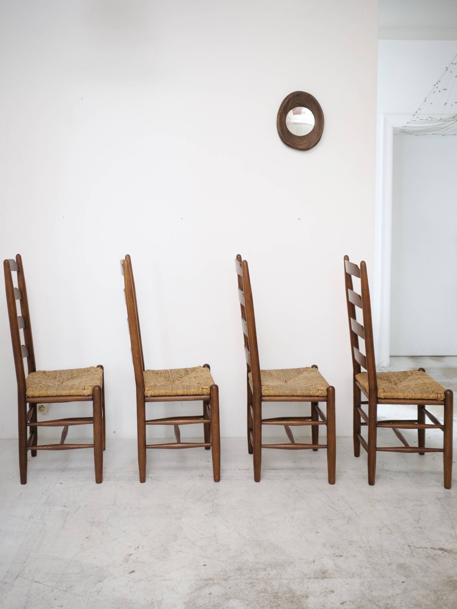 Architectural high-back chairs, straw seat, set of 4.