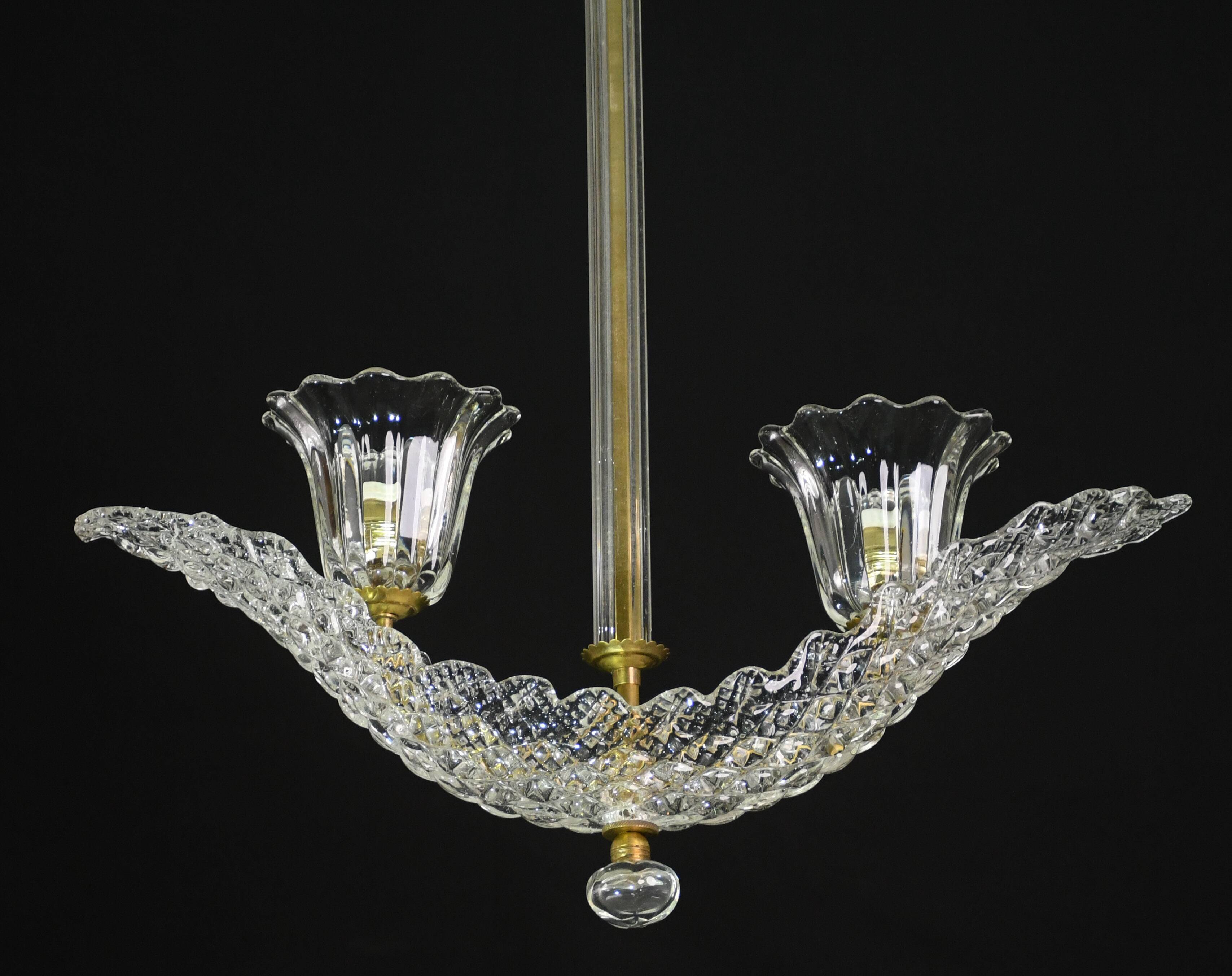 Elegant 2 cup Barovier Art Deco chandelier, Murano glass, brass structure 1940s