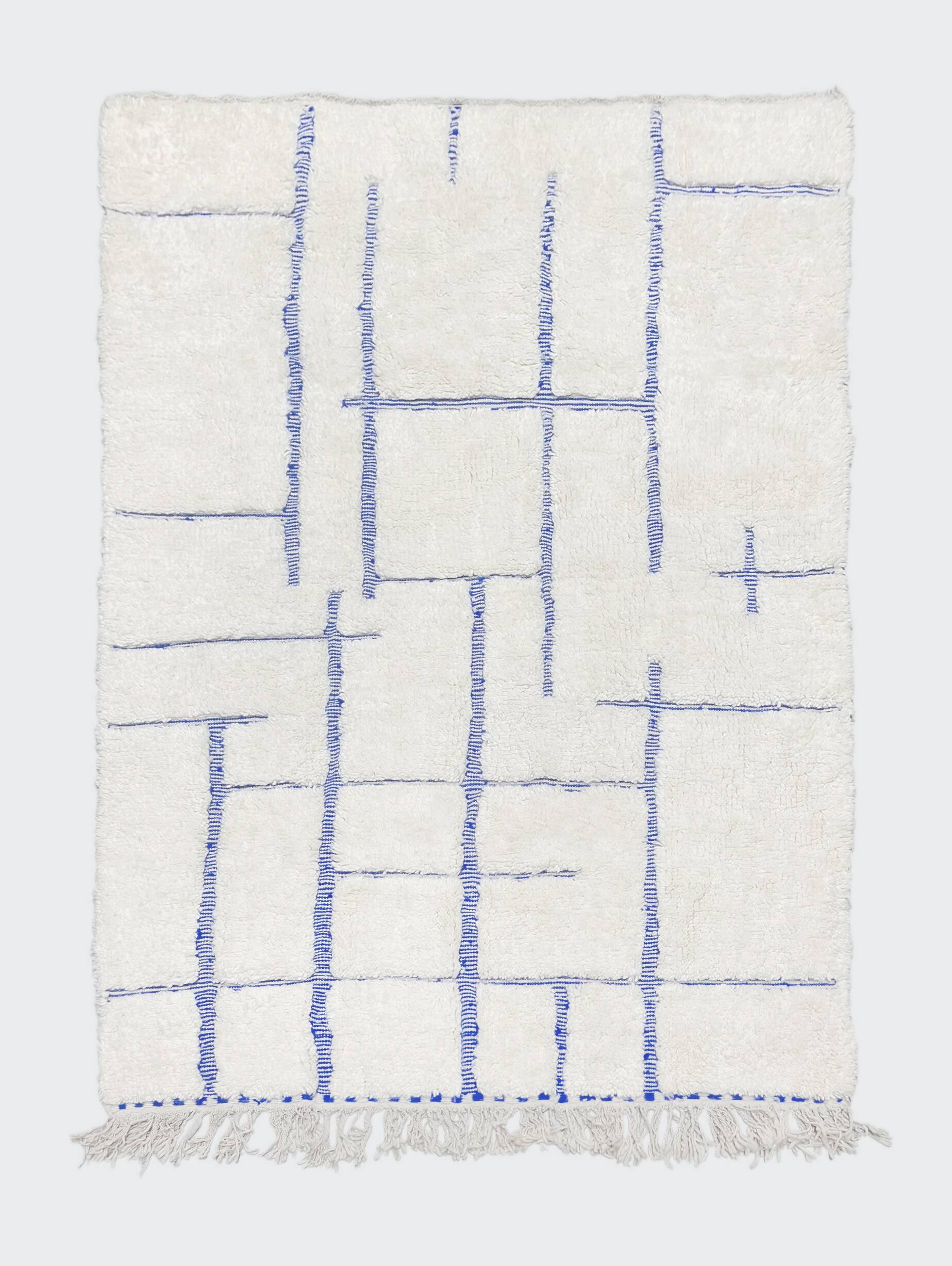 Moroccan Berber Beni Ouarain rug, ecru with blue patterns, 2.40x1.46m