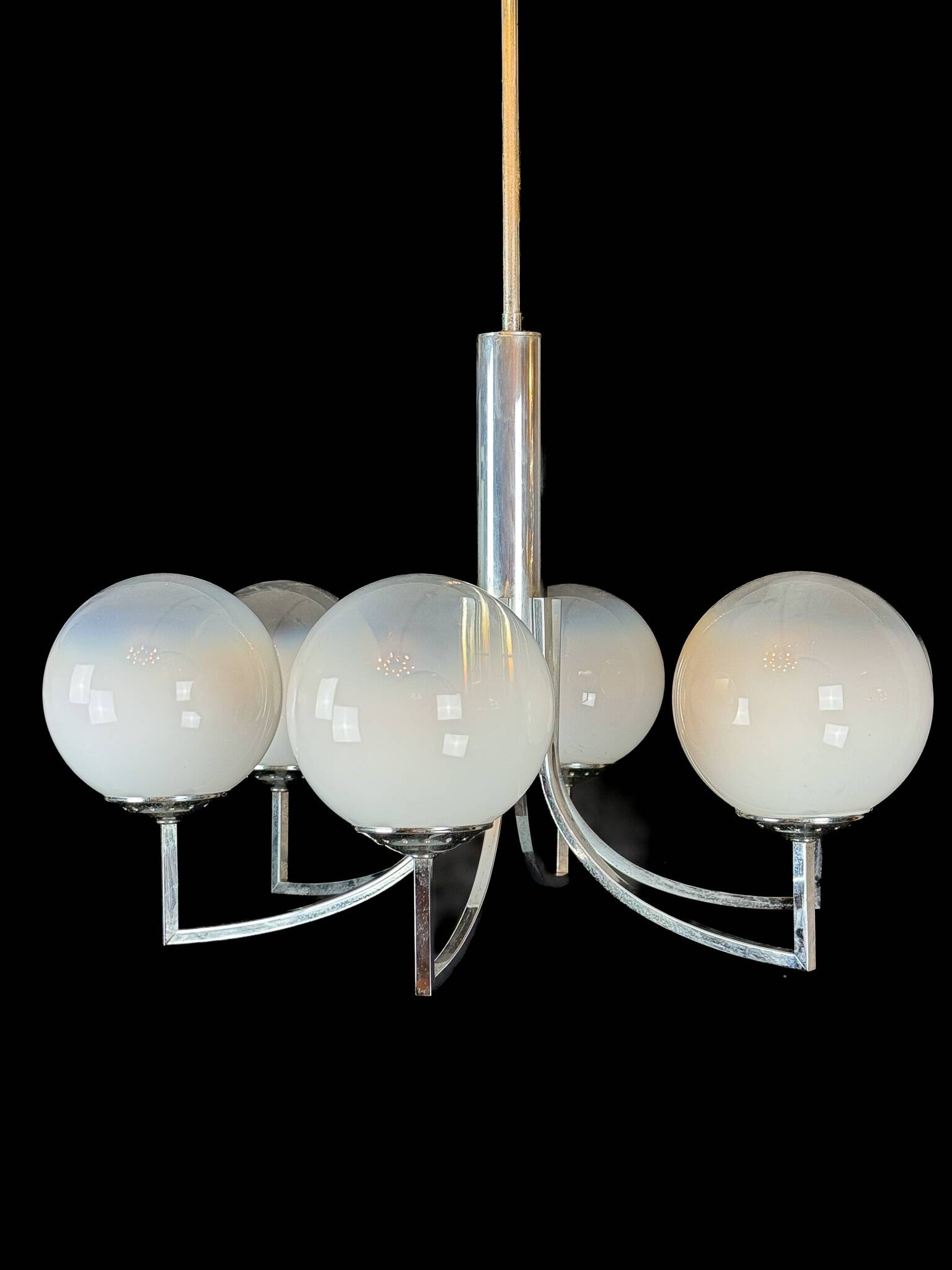 Six arms chandelier in murano glass spheres and chrome. Italy 1960s