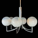 Six arms chandelier in murano glass spheres and chrome. Italy 1960s