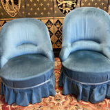 2 toad armchairs in blue velvet