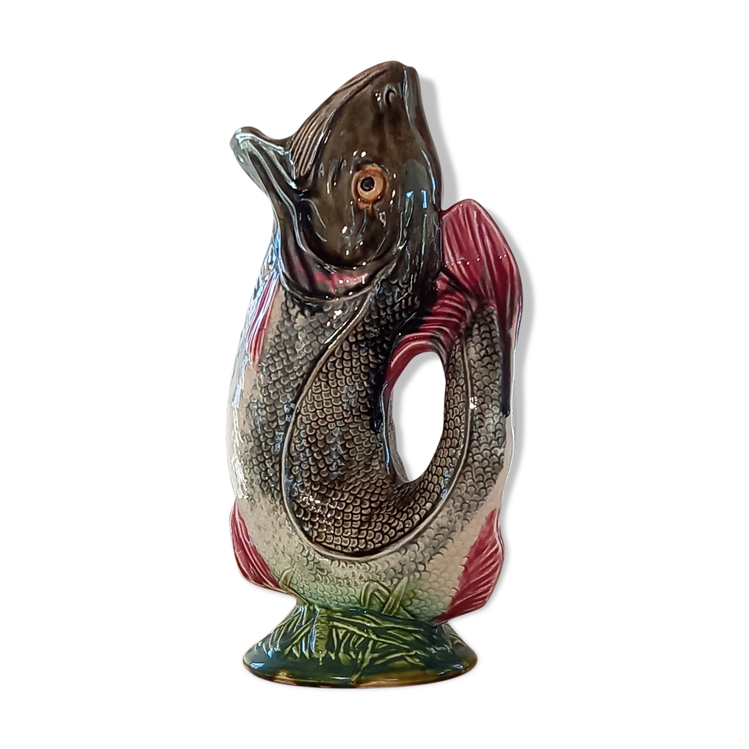 Vase or pitcher in dabbling shaped on Onnaing's earthenware fish. Art Nouveau period. Perfect condition