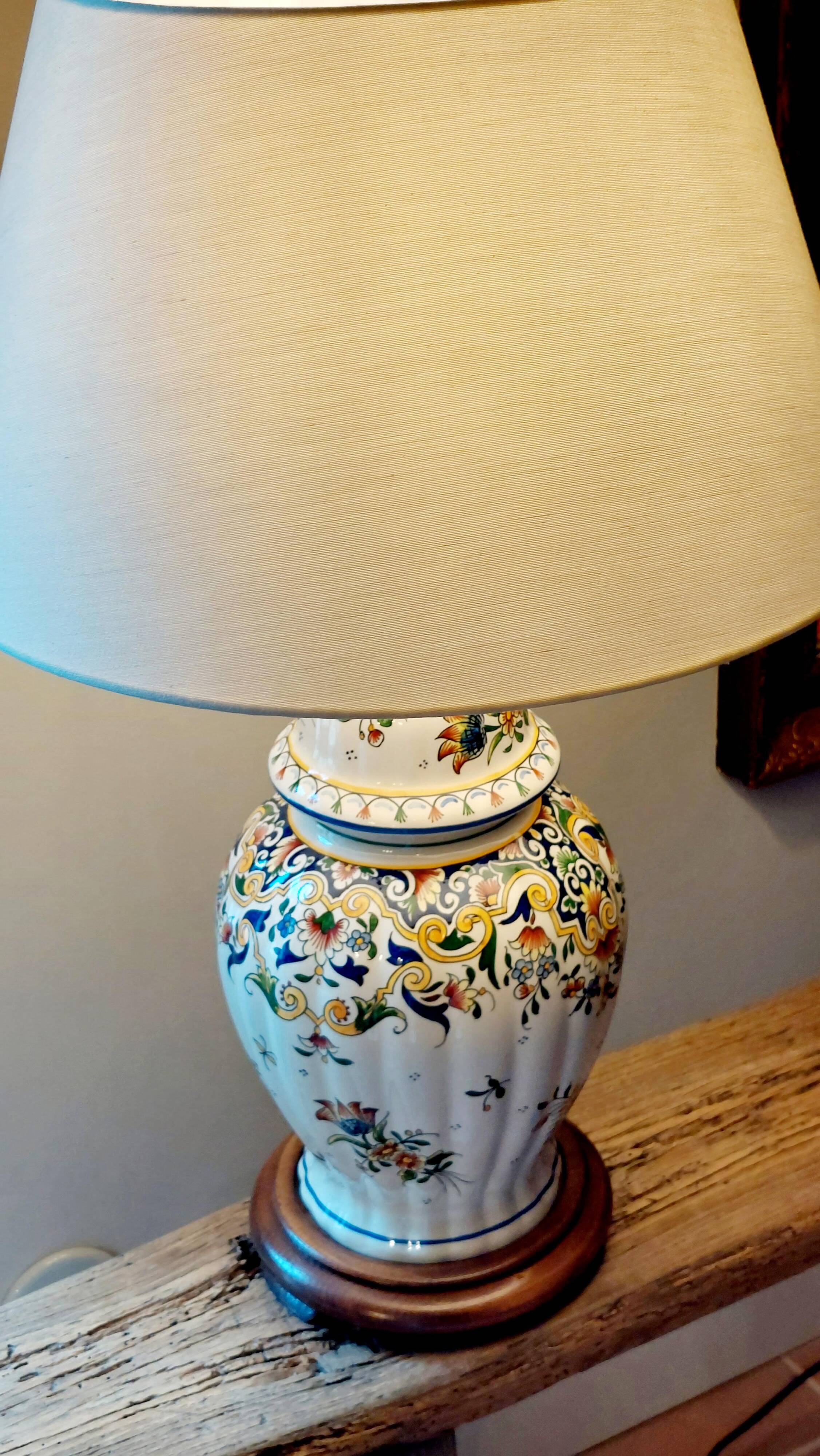 Hand-painted Rouen-style faience lamp, new artisan lampshade.