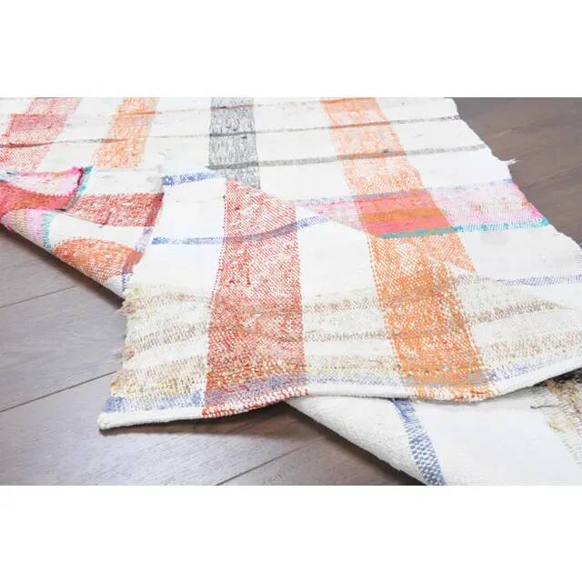 Vintage Turkish Hand-Knotted Wool Cotton White Kilim Runner Rug 107x254
