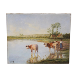 Oil on canvas depicting cows at the edge of the pond circa 1900