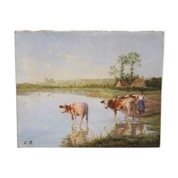 Oil on canvas depicting cows at the edge of the pond circa 1900