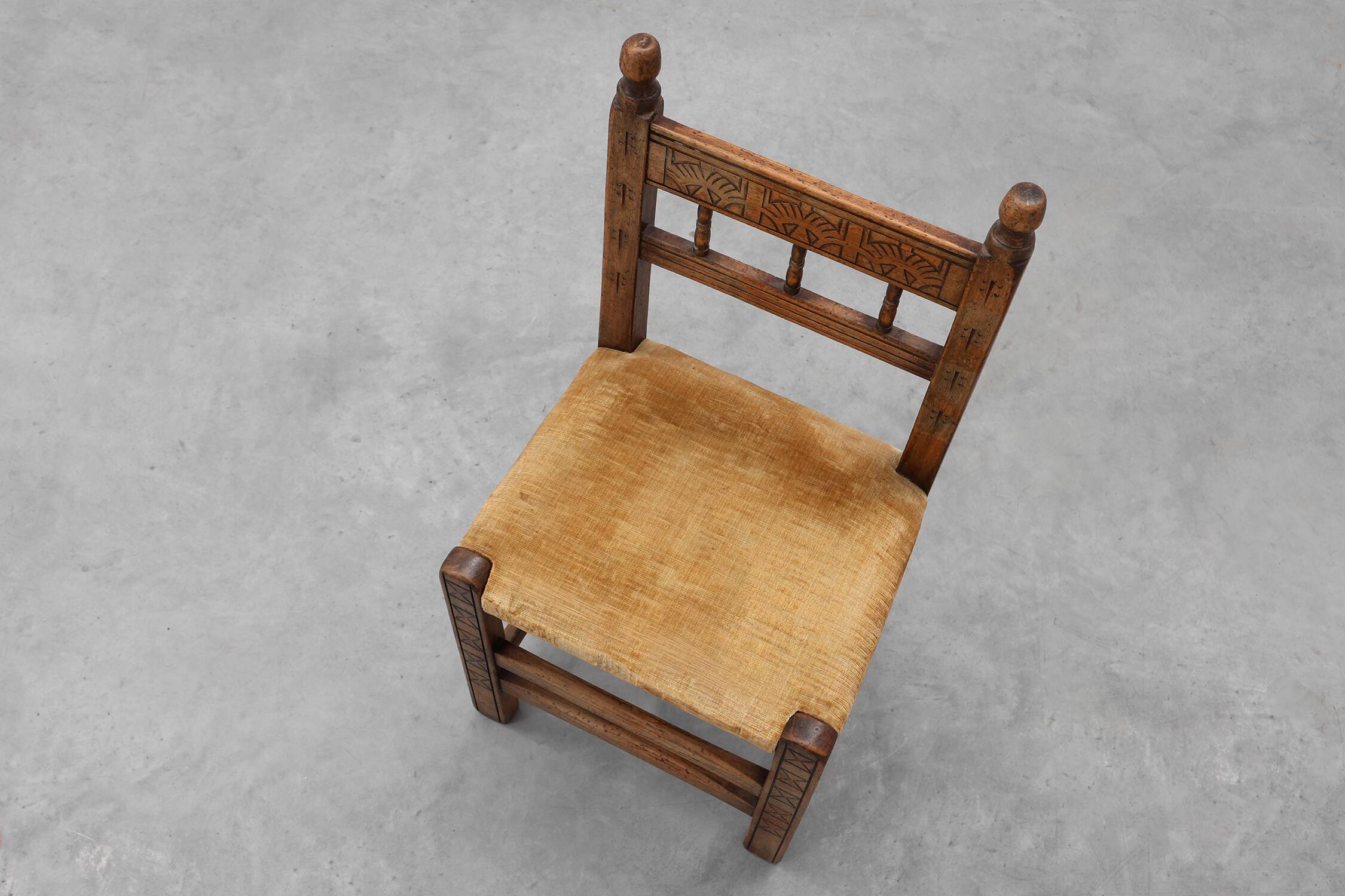 19th Century Spanish Hand-Carved oak Side Chair with Velour Seat