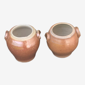 Set of two amphora jars with salt or spices in beige glazed sandstone without lids, vintage